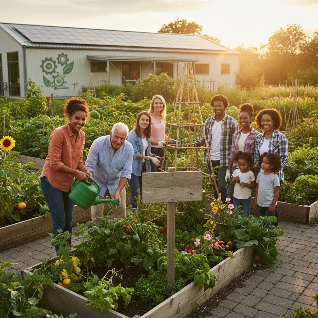A diverse group of people standing together in a garden bed at sunset, one person watering plants, smiling and enjoying th...