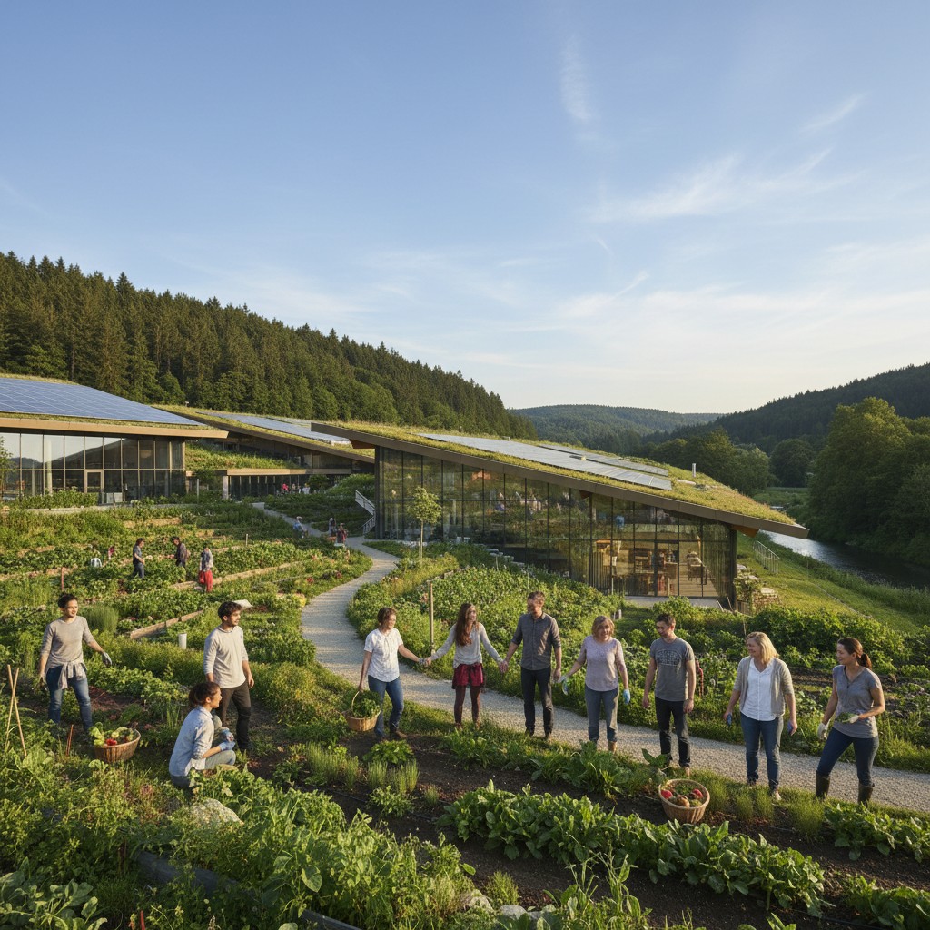 A group of people walking down a path of a garden with a large glass building in the background surrounded by trees. Many ...